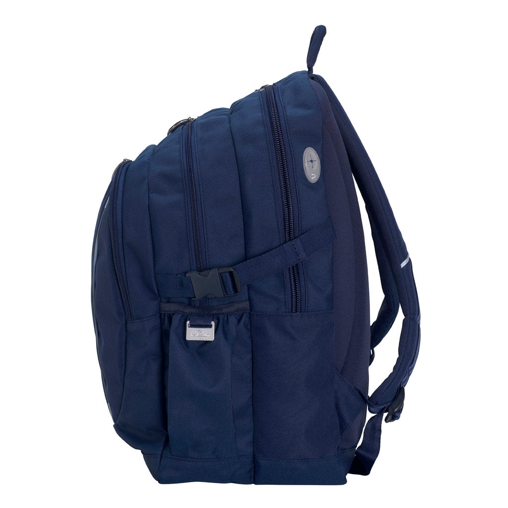 Navy Blue backpack side view with zippers, buckles, side pocket and earphone loop