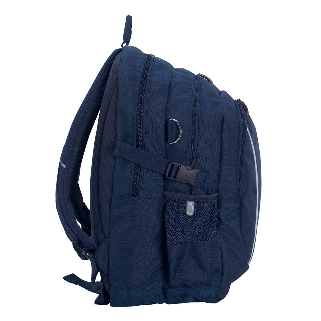 Navy Blue backpack side view with zippers, buckles and drink bottle mesh holder.