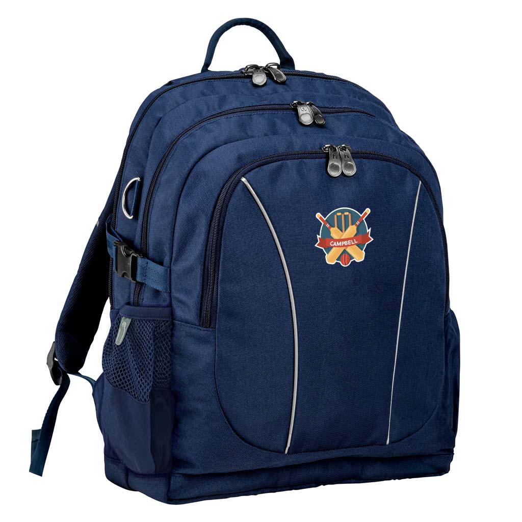 Navy Genius Tuff-Pack backpack front angle view with ergonomics zippers, buckles and three large compartments, side pockets and drink bottle holder, with personalised design