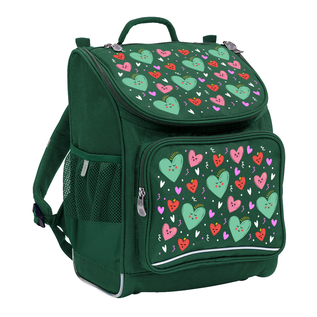 Harlequin Mighty Tuff-Pack Backpack in Green with the Sweet Hearts design from the Harlequin Creatix signature series. Front side angle displaying carry handle, padded shoulder straps, top zipper compartment, front zipper pocket and mesh water bottle holder.