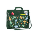 Harlequin Safety Library bag in Green with Jurassic design from the Harlequin Creatix Signature Series. Back angle view displaying carry handle, D-Rings, name card sleeve, side pocket, reinforced corners and shoulder strap.