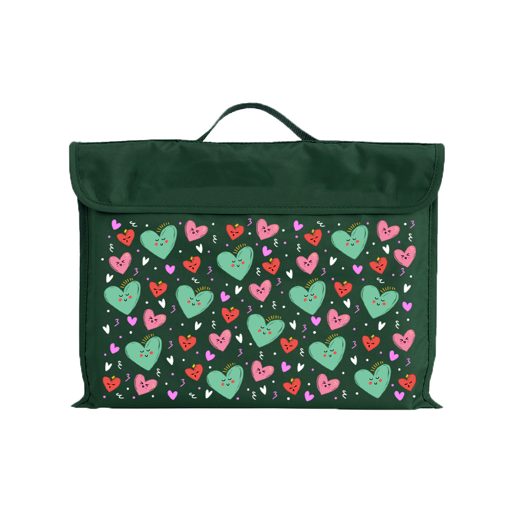 Harlequin Eco Library bag in Green with Sweet Hearts design from the Harlequin Creatix Signature Series. Front view displaying carry handle, velcro flap opening, and PET recycled water repellent fabric.
