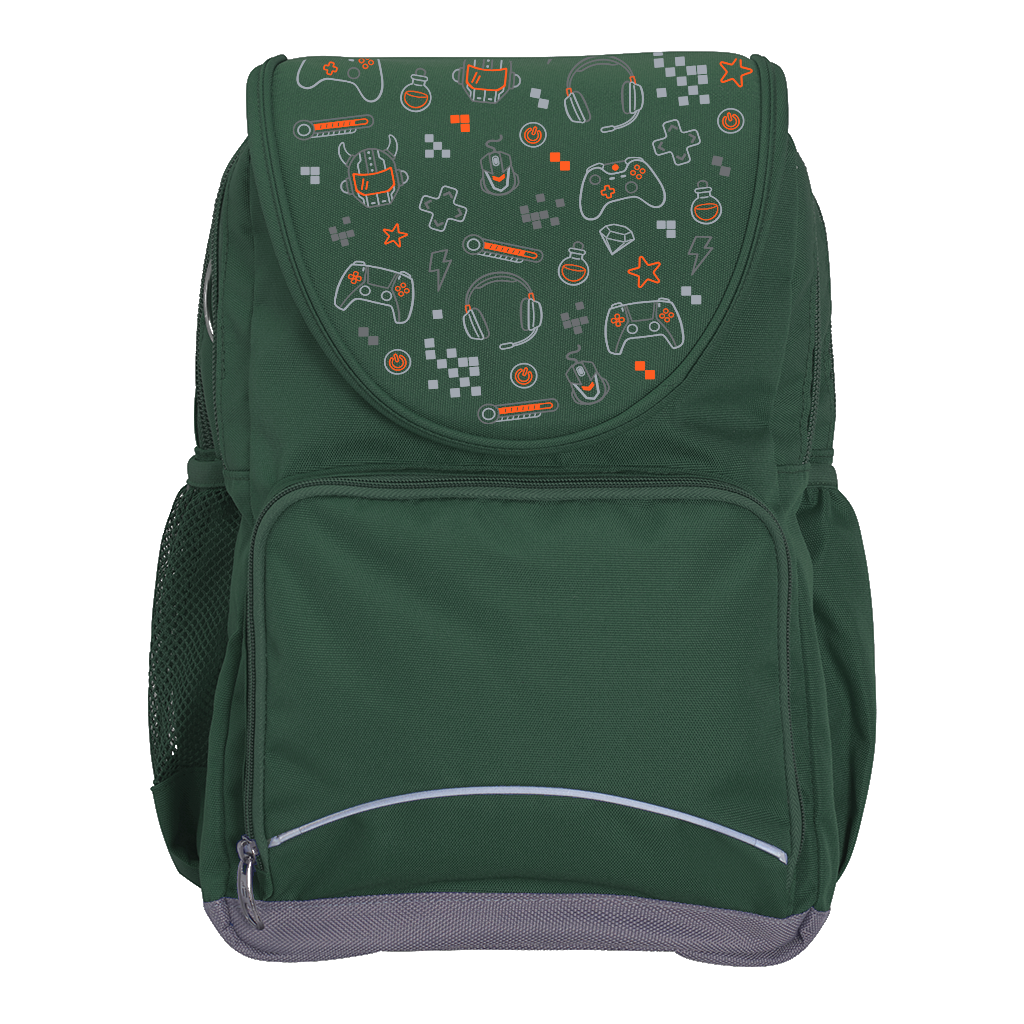 Harlequin Ergo Tuff-Pack backpack in Green with Gamer Boy design from the Harlequin Creatix signature series. Front view showcasing two zipper compartments, reflective piping, front zipper pocket and front of flap.