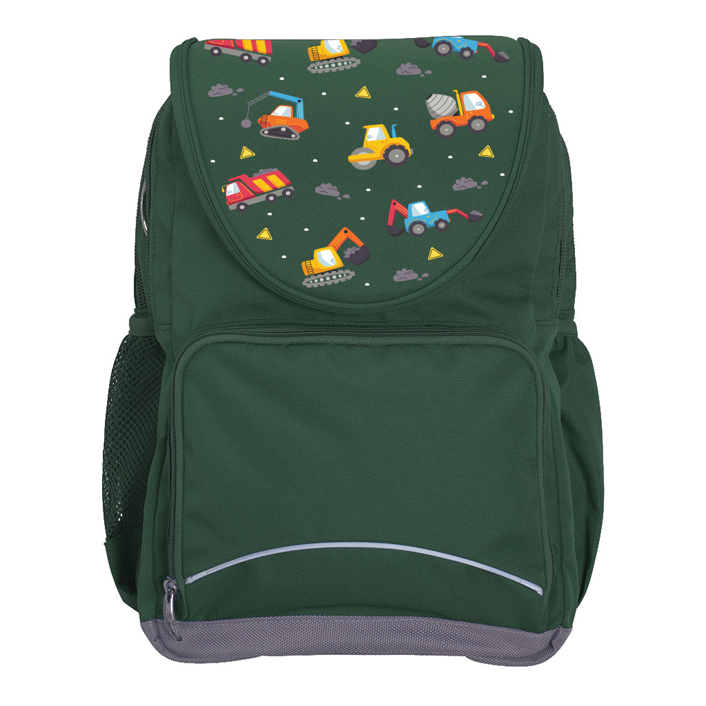 Harlequin Ergo Tuff-Pack backpack in Green with Jumbo Trucks design from the Harlequin Creatix signature series. Front view showcasing two zipper compartments, reflective piping, front zipper pocket and front of flap.