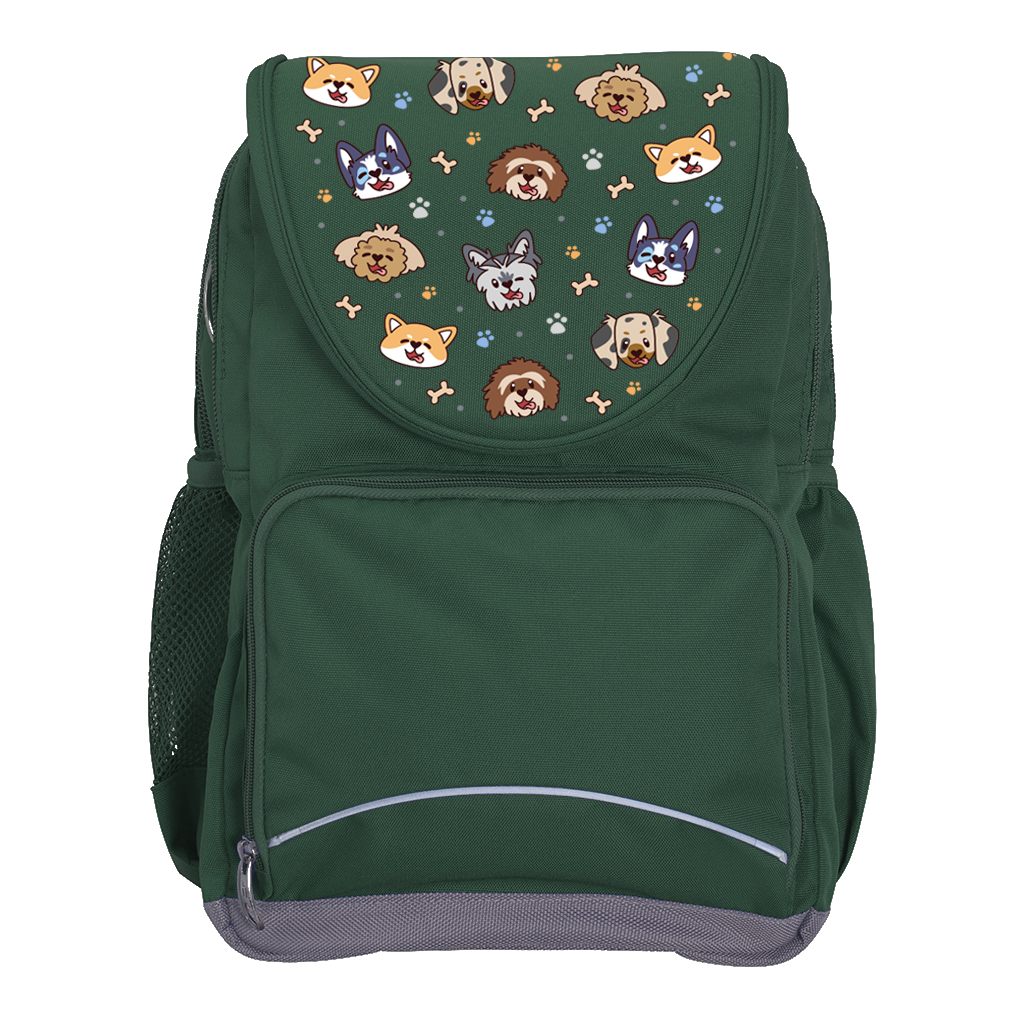 Harlequin Ergo Tuff-Pack backpack in Green with Puppy Pals design from the Harlequin Creatix signature series. Front view showcasing two zipper compartments, reflective piping, front zipper pocket and front of flap.