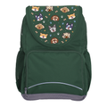 Harlequin Ergo Tuff-Pack backpack in Green with Puppy Pals design from the Harlequin Creatix signature series. Front view showcasing two zipper compartments, reflective piping, front zipper pocket and front of flap.