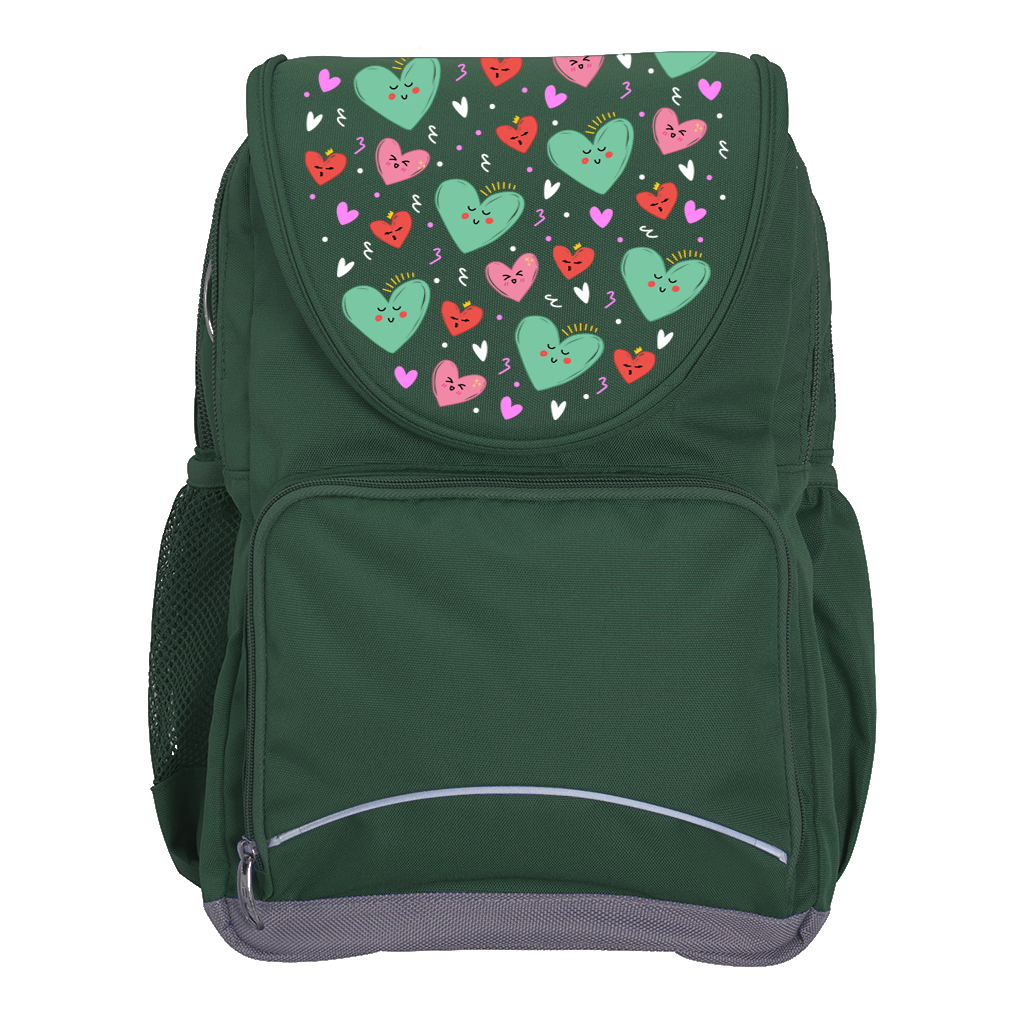 Harlequin Ergo Tuff-Pack backpack in Green with Sweet Hearts design from the Harlequin Creatix signature series. Front view showcasing two zipper compartments, reflective piping, front zipper pocket and front of flap.
