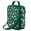 Harlequin Large Lunch bag in Green with Kittycorn design from the Harlequin Creatix Signature Series. Front angle view displaying top handle, quality zippers and D-Rings with additional shoulder strap.
