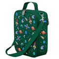 Harlequin Large Lunch bag in Green with Galaxy Boy design from the Harlequin Creatix Signature Series. Front angle view displaying top handle, quality zippers and D-Rings with additional shoulder strap.