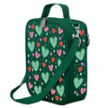 Harlequin Large Lunch bag in Green with Sweet Hearts design from the Harlequin Creatix Signature Series. Front angle view displaying top handle, quality zippers and D-Rings with additional shoulder strap.