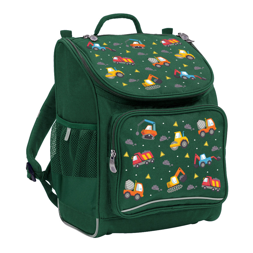 Harlequin Mighty Tuff-Pack Backpack in Green with the Jumbo Trucks design from the Harlequin Creatix signature series. Front side angle displaying carry handle, padded shoulder straps, top zipper compartment, front zipper pocket and mesh water bottle holder.
