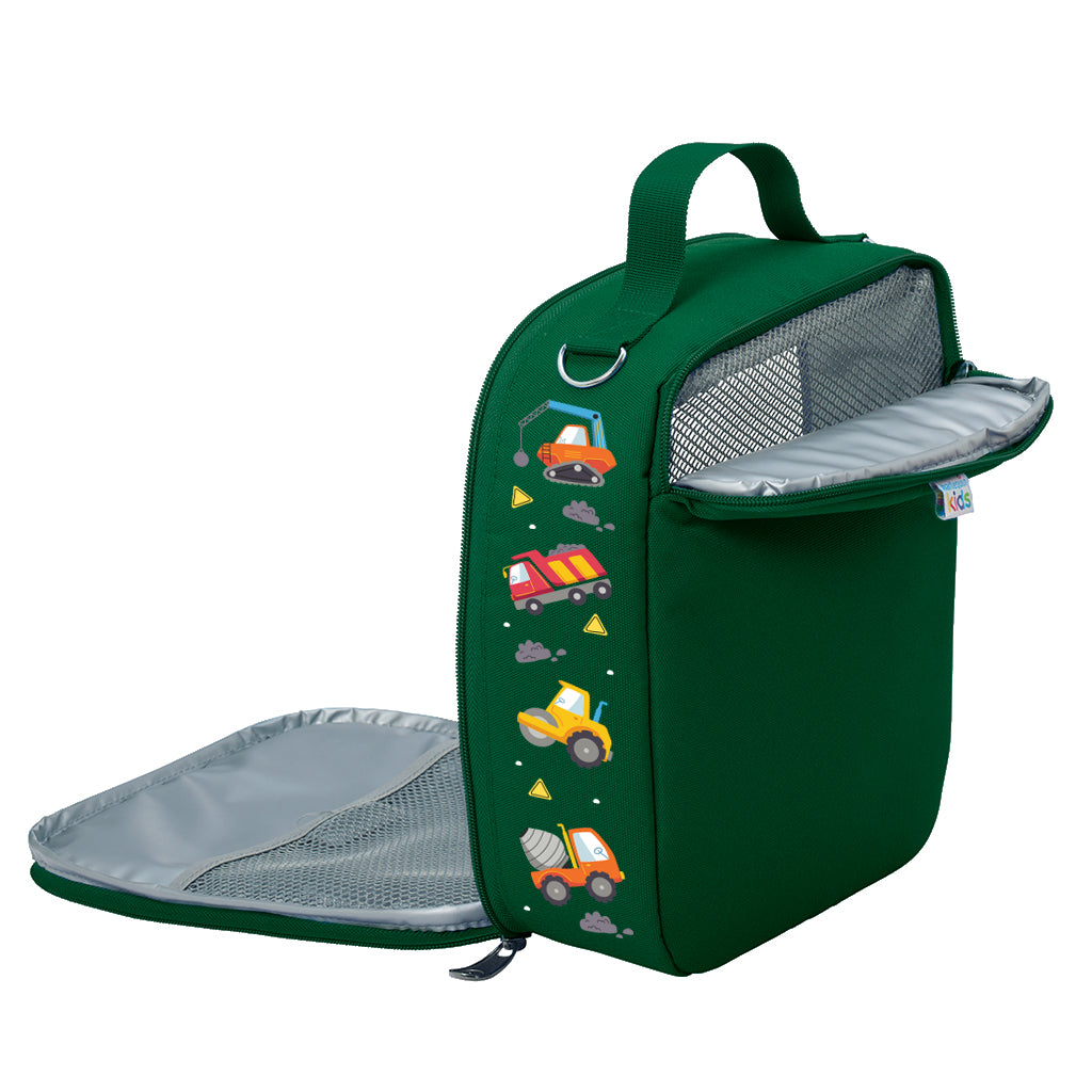 Harlequin Large Lunch bag in Green with Jumbo Trucks design from the Harlequin Creatix Signature Series. Open back view displaying mesh cold brick pocket, insulated inner lining, top handle, D-Ring and quality zippers.