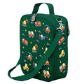 Harlequin Large Lunch bag in Green with Jumbo Trucks design from the Harlequin Creatix Signature Series. Front angle view displaying top handle, quality zippers and D-Rings with additional shoulder strap.