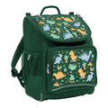 Harlequin Mighty Tuff-Pack Backpack in Green with the Jurassic design from the Harlequin Creatix signature series. Front side angle displaying carry handle, padded shoulder straps, top zipper compartment, front zipper pocket and mesh water bottle holder.