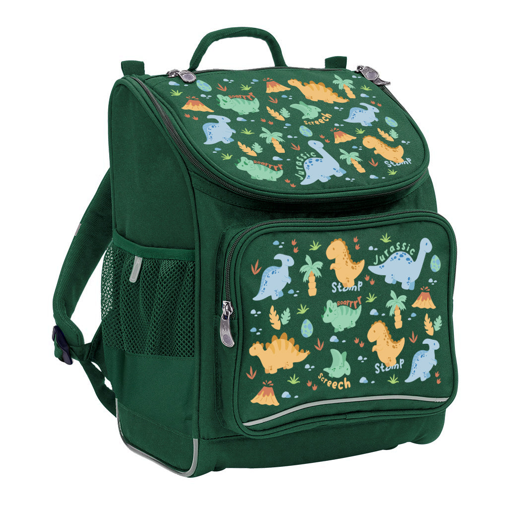 Harlequin Mighty Tuff-Pack Backpack in Green with the Jurassic design from the Harlequin Creatix signature series. Front side angle displaying carry handle, padded shoulder straps, top zipper compartment, front zipper pocket and mesh water bottle holder.