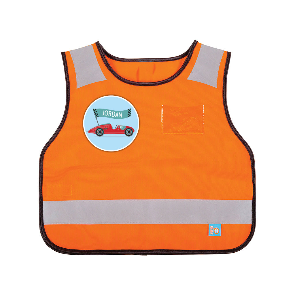 Harlequin Hi-Viz orange safety bib displaying reflective stripes and patches with a personalisation 