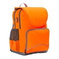 Harlequin Hi-Viz orange Ergo Tuff-Pack Backpack. Front side angle showing padded shoulder straps, two zipper compartments, front zipper pocket, D ring and mesh water bottle holder.