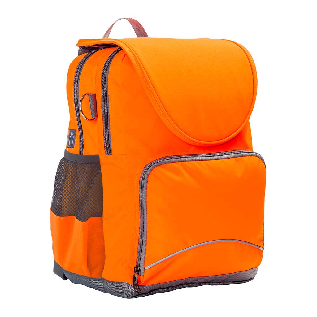 Harlequin Hi-Viz orange Ergo Tuff-Pack Backpack. Front side angle showing padded shoulder straps, two zipper compartments, front zipper pocket, D ring and mesh water bottle holder.