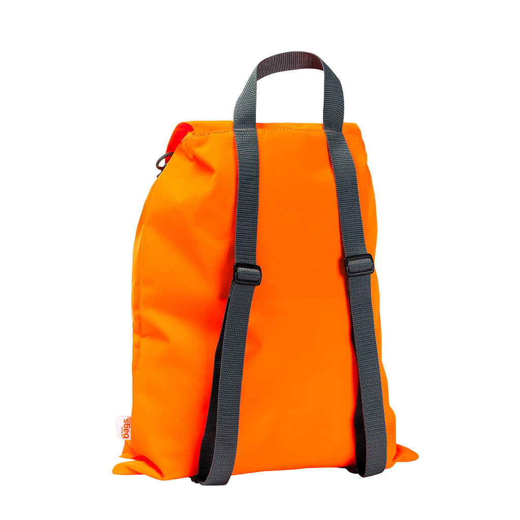 Harlequin Hi-Viz orange eco excursion bag back angle view displaying handle, adjustable shoulder straps and name bar 
