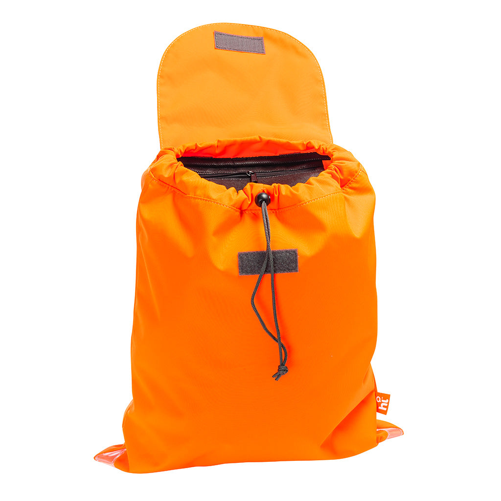 Harlequin Hi-Viz orange eco excursion bag front angle view displaying velcro fastening with drawstring toggle open and reflective safety corners 