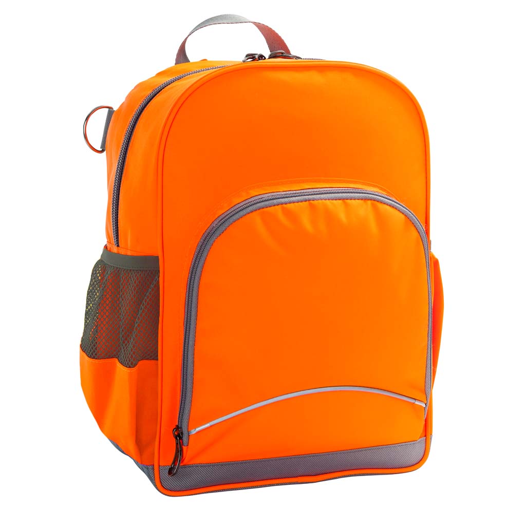 Hi-Viz orange Kindy Tuff-Pack front angle view showing a small front pocket, carry handle, D-ring, mesh water bottle holder