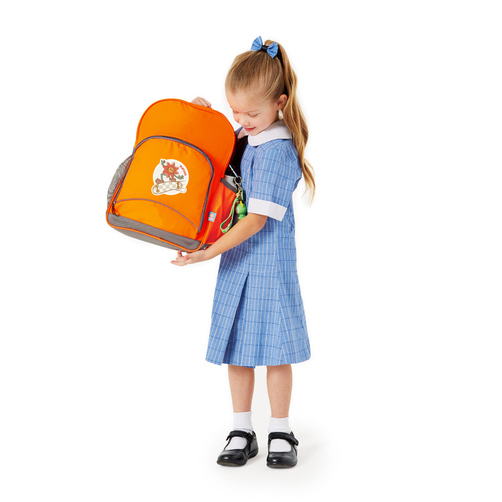 Hi-Viz orange Kindy Tuff-Pack Backpack with a personalised design help by a 5 year old student in school uniform. 