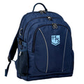 The Hills Sports High School front angle view of the Genius Backpack in colour Navy, featuring anatomical zippers, buckles, three pockets, reflective piping, retractable side support straps, water bottle pocket, and D-ring keychain holder