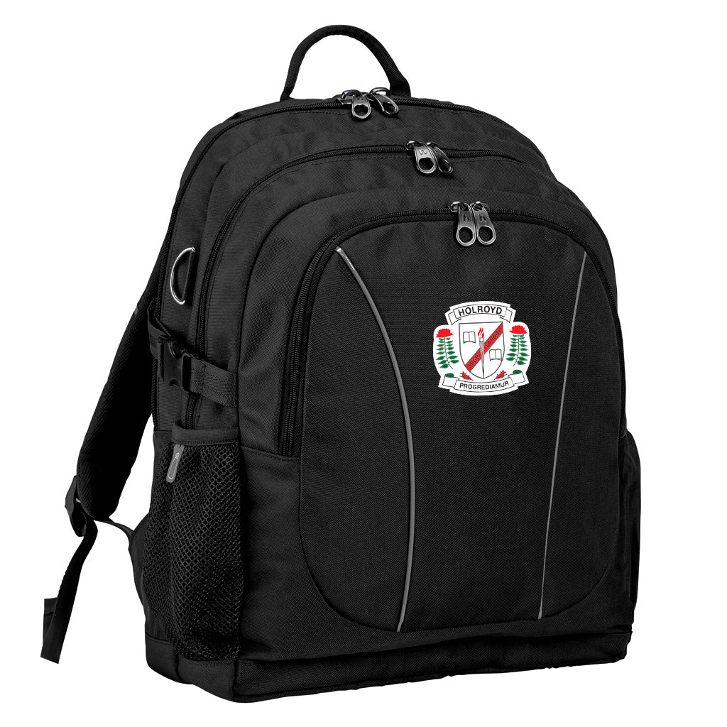 Holroyd High School front angle view of the Genius Backpack in colour Black, featuring anatomical zippers, buckles, three pockets, reflective piping, retractable side support straps, water bottle pocket, and D-ring keychain holder