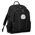 Holroyd High School front angle view of the Genius Backpack in colour Black, featuring anatomical zippers, buckles, three pockets, reflective piping, retractable side support straps, water bottle pocket, and D-ring keychain holder