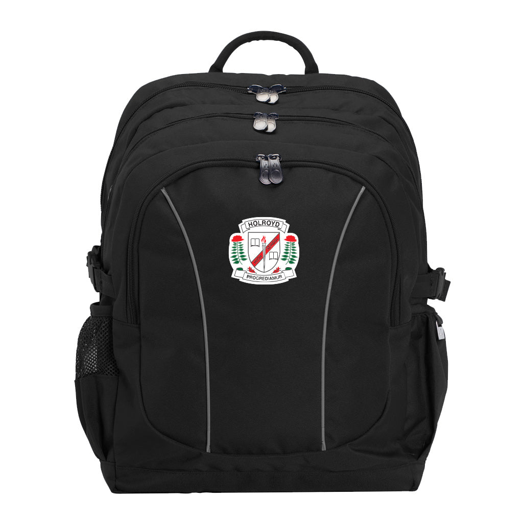 Holroyd High School front angle view of the Genius Backpack in colour Black, featuring anatomical zippers, buckles, three pockets, reflective piping, retractable side support straps, water bottle pocket, and D-ring keychain holder