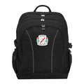 Holroyd High School front angle view of the Genius Backpack in colour Black, featuring anatomical zippers, buckles, three pockets, reflective piping, retractable side support straps, water bottle pocket, and D-ring keychain holder