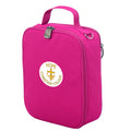 Harlequin lunch bag in  colour front side angle displaying carry handle, durable water repellent material with Hope Christian College logo
