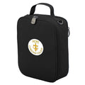 Harlequin lunch bag in  colour front side angle displaying carry handle, durable water repellent material with Hope Christian College logo