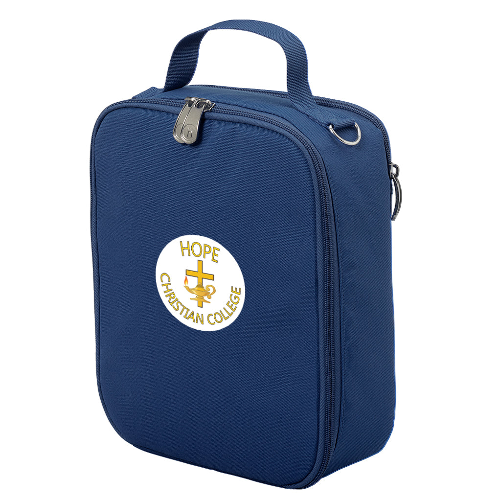 Harlequin lunch bag in  colour front side angle displaying carry handle, durable water repellent material with Hope Christian College logo