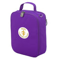 Harlequin lunch bag in  colour front side angle displaying carry handle, durable water repellent material with Hope Christian College logo