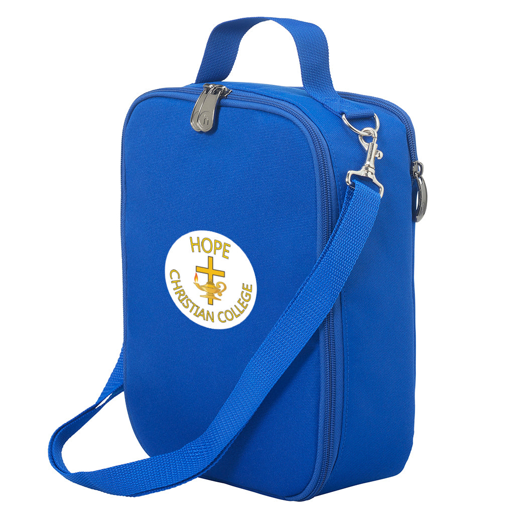 Harlequin lunch bag in royal colour front side angle displaying carry handle and strap, durable water repellent material with Hope Christian College logo