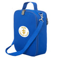 Harlequin lunch bag in royal colour front side angle displaying carry handle and strap, durable water repellent material with Hope Christian College logo