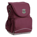 Jinibara State School Ergo Tuff-Pack backpack Maroon. Front side angle, padded shoulder straps, two zipper compartments, front zipper pocket, D-Ring and mesh water bottle.
