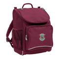Mighty backpack in colour Maroon, front side angle displaying carry handle, padded shoulder straps, top zipper compartment, front zipper pocket and mesh water bottle holder with Jinibara State School logo
