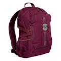 Maroon Harlequin Quantum Bag front view with two compartments with zip closure, light reflectors on the front pocket and adjustable straps and bottle holder on the sides of the bag and Jinibara State School logo