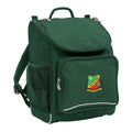 Mighty backpack in colour Green, front side angle displaying carry handle, padded shoulder straps, top zipper compartment, front zipper pocket and mesh water bottle holder with Kalbar State School logo