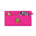 Harlequin pink pencil case front angle displaying two zip compartments and D-ring with Kalbar State School logo