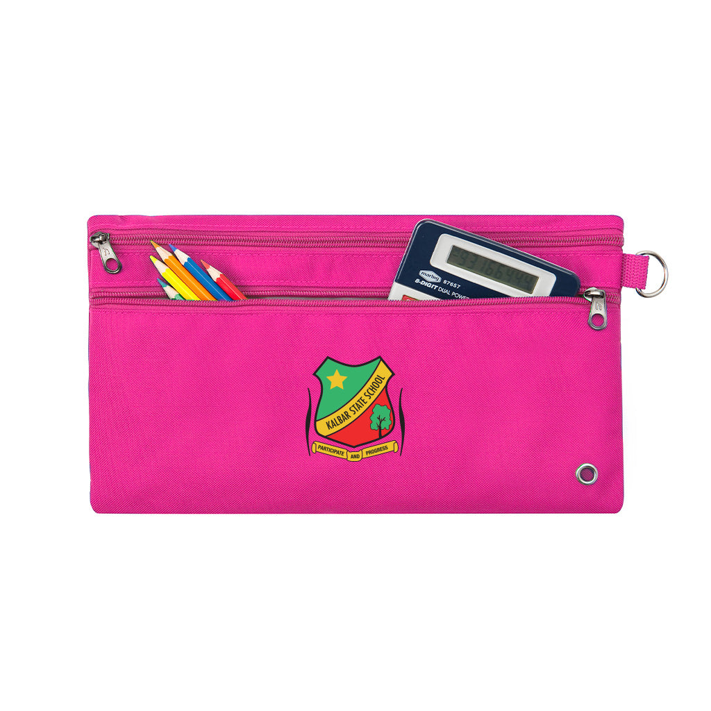 Harlequin pink pencil case front angle displaying two zip compartments and D-ring with Kalbar State School logo