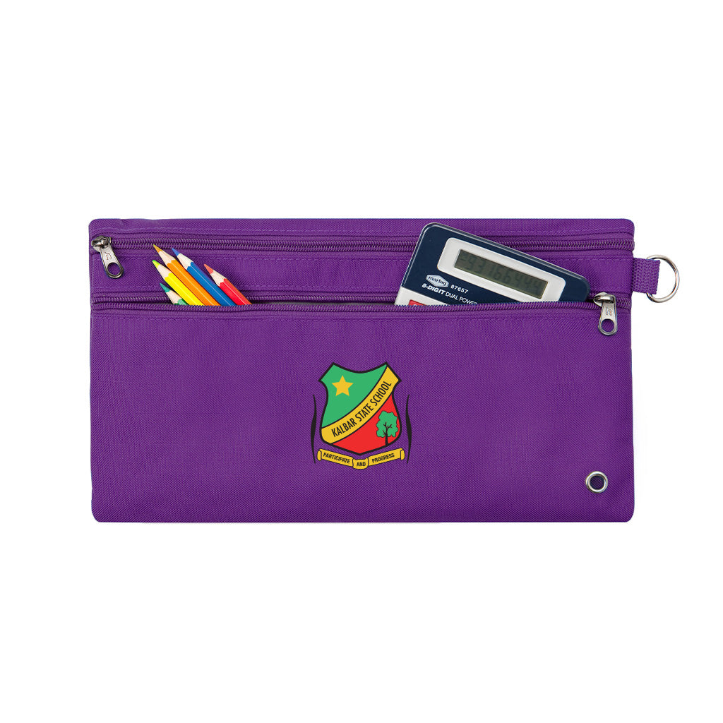 Harlequin purple pencil case front angle displaying two zip compartments and D-ring with Kalbar State School logo