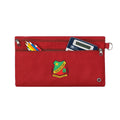Harlequin red pencil case front angle displaying two zip compartments and D-ring with Kalbar State School logo