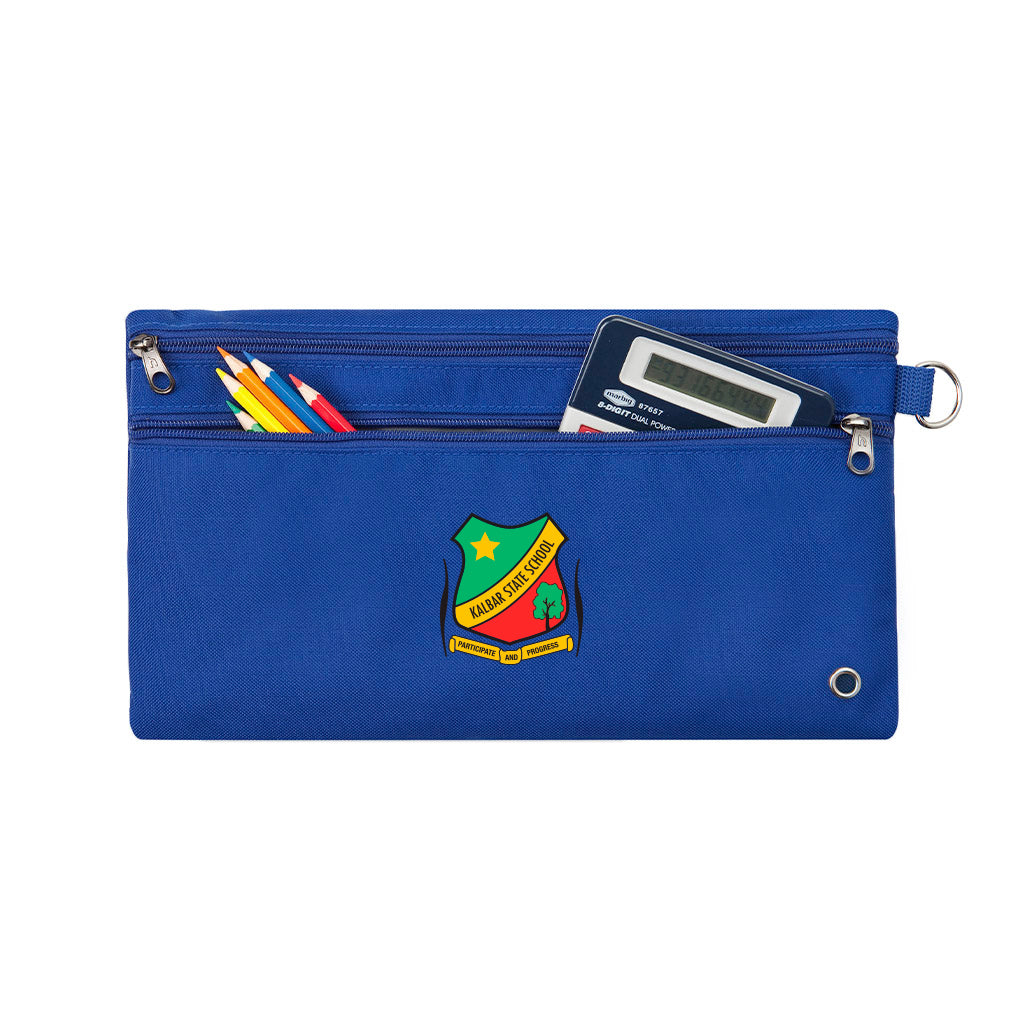 Harlequin royal pencil case front angle displaying two zip compartments and D-ring with Kalbar State School logo