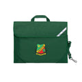 Harlequin Safety Library bag in Bottle Green displaying carry handle, velcro opening, shoulder strap, reflector safety strip, reinforced corners and Kalbar State School logo