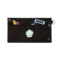 Harlequin black pencil case front angle displaying two zip compartments and D-ring with Kilcoy State School logo