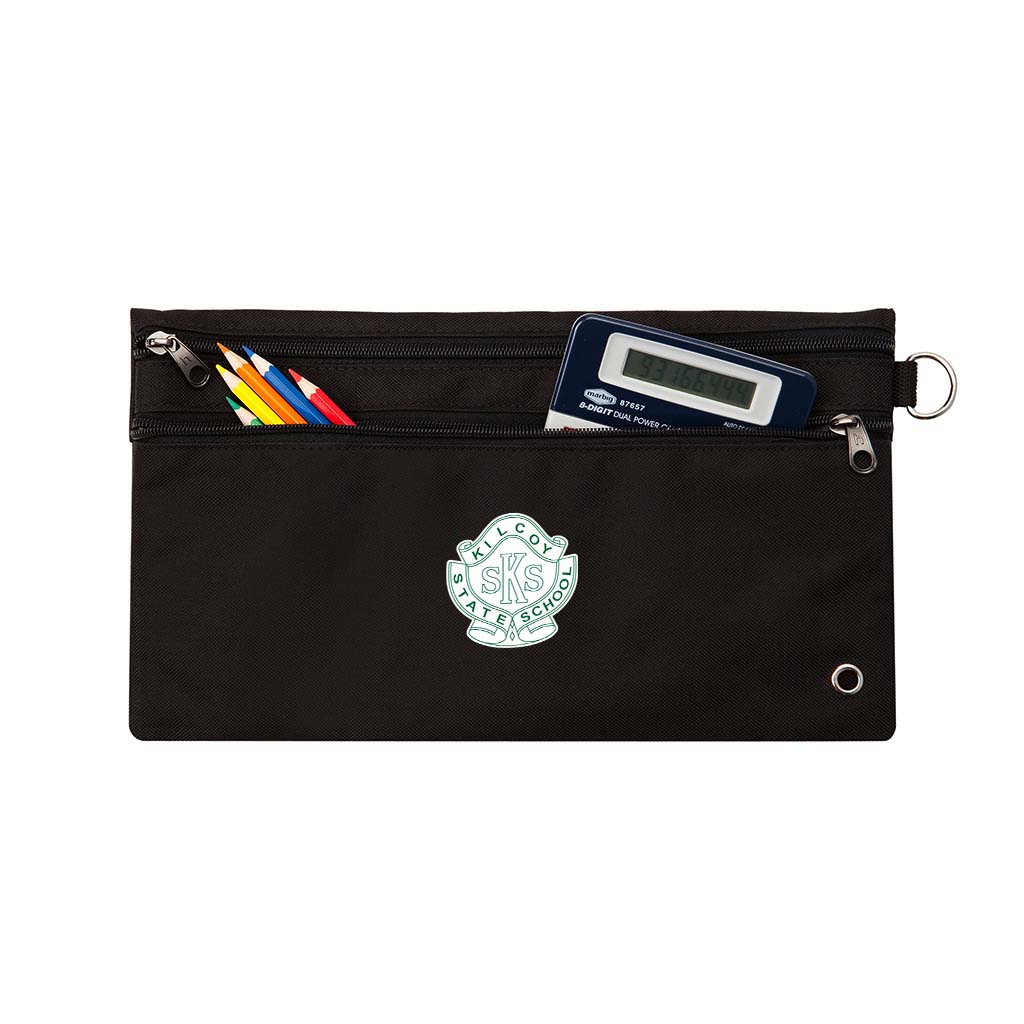 Harlequin black pencil case front angle displaying two zip compartments and D-ring with Kilcoy State School logo