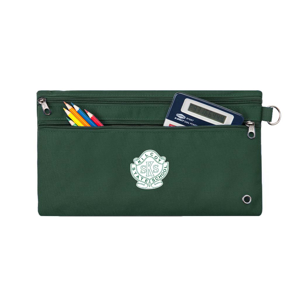 Harlequin green pencil case front angle displaying two zip compartments and D-ring with Kilcoy State School logo